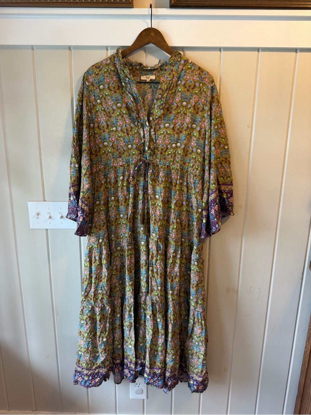 easel Olive Green Floral Maxi Dress w/ Purple Trim, Size Large (Oversized) NWOT